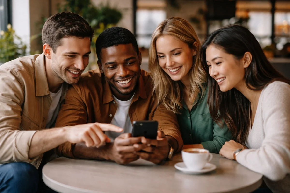 Four people gathered around a table, leaning in to look at a smartphone screen together