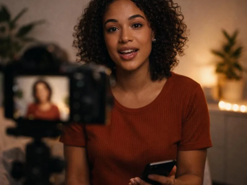 A woman filming herself in a home studio, smartphone in hand, speaking directly to her audience