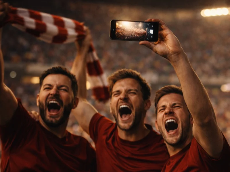 Football supporters celebrating a goal in a stadium, one holding a phone high to film the moment